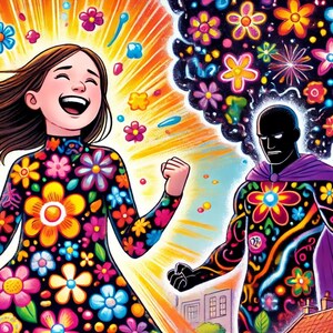 May include: A colorful illustration of a girl wearing a black dress with a floral pattern. She is smiling and has her arms raised in the air. Behind her is a dark figure wearing a purple cape and a similar floral pattern. The background is a bright orange and yellow with a cloud of flowers above the dark figure.