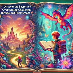 May include: An open book with a colorful illustration of a magical forest, a castle in the distance, a dragon flying in the sky, and a boy reading a book. The text on the book reads "Discover the Secrets of Overcoming Challenges Through Choice and Perseverance."