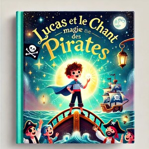 May include: A children's book cover with the title "Lucas et le Chant magique des Pirates." The illustration features a young boy in a cape on a ship, a pirate ship, and a starry night sky. The cover has a teal border.