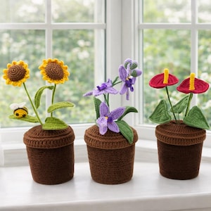 Handmade Crochet Potted Flowers: Sunflower, Clematis, Anthurium, Desk Decor