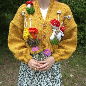 Cottagecore Mushroom Cardigan,Handmade Chunky Knit Sweater,Fairycore Forestcore Knitwear,Whimsical Crochet Nature Inspired Goblincore Jumper