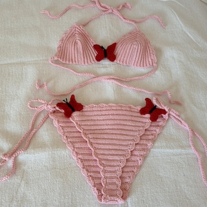 100% Cotton Handmade Pink Crochet Butterfly Bikini Set,Y2K Festival Swimwear,Softcore Beachwear HotGirlSummer Two-Piece,Aesthetic summer