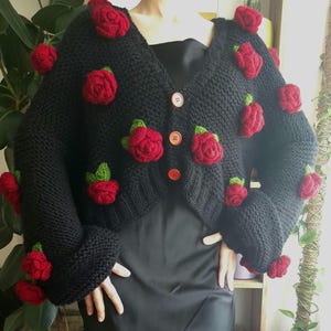 3D Red Roses Floral Handknit Cardigan,Romantic Vintage Inspired Knit Sweater, Kawaii Aesthetic,Gift for Her,Pinterest Cardigan, Gothic Top