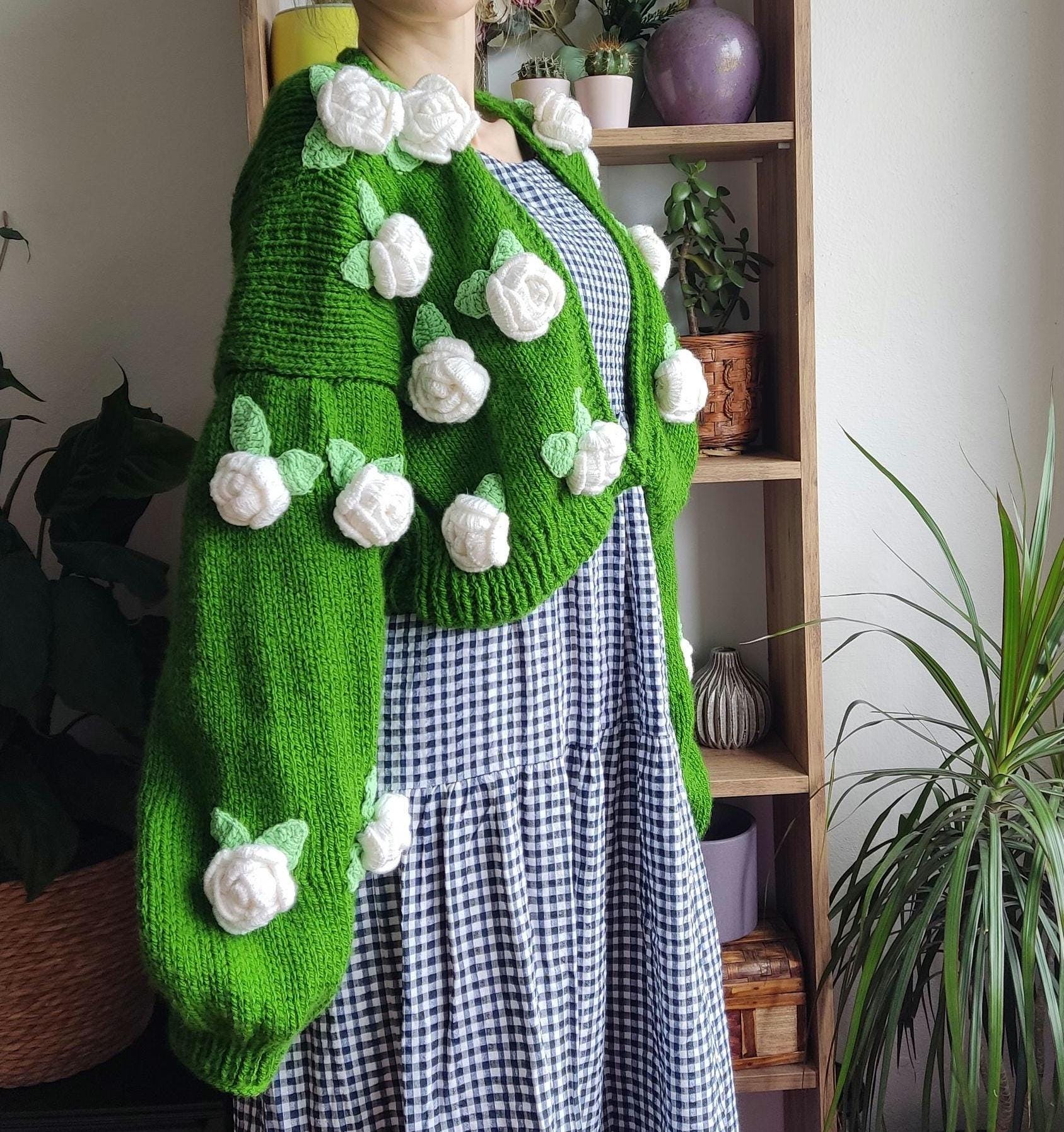 3D Jumbo Roses Floral Cardigan, Vintage Inspired Kawaii Knit