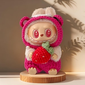 Crochet Labubu Strawberry Bear Outfit, Handmade Customizable Clothes for Labubu Lovers,Fits Labubu Gen 2,Halloween Gifts, Gifts for her