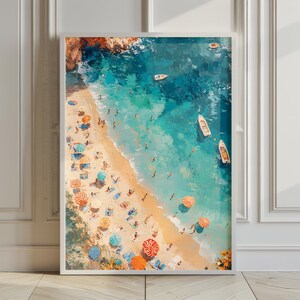 Wydruk na plaży, Ludzie pływający w oceanie Wydruk, Plakat letni, Dekoracja domu na plaży, Minimalistyczna sztuka ścienna do druku