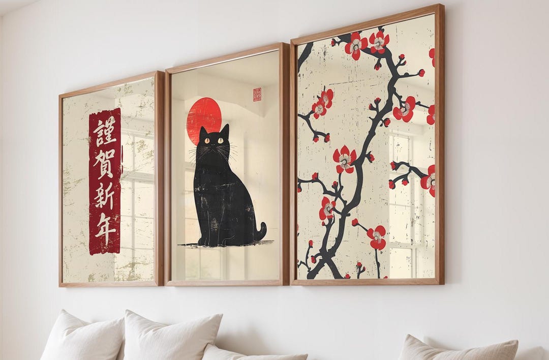 Japanese Cat Wall Art Set of 3, Digital Wall Art, Cat Poster Set, Set ...