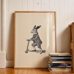 Impresión vintage de conejo en scooter / Arte infantil con animales caprichosos / Decoración de sala de estar / Arte imprimible de inspiración vintage / Descarga digital