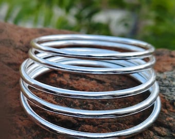 Set of 5 Handmade Silver Plated Bangles, Mexican Semanarios Stacking Bracelets