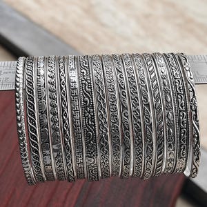 Set of 16 Oxidized Silver Bangles, Boho Tribal Stack Bracelets, Ethnic Engraved Jewelry