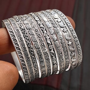 Set of 10 Engraved Silver Bangles, Boho Stackable Cuff Bracelet, Floral Elephant Moon Star