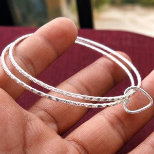 925 Sterling Silver Hammered Heart Bangle, Minimalist Cuff Bracelet