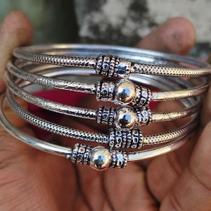 Set of 5 Sterling Silver West Indian Bangles, Ball Accent Boho Style