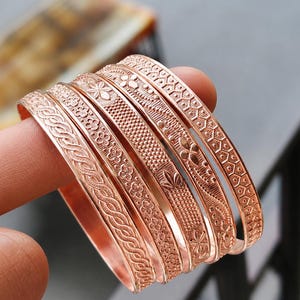 Engraved Copper Bangle Set, Boho Stackable Bracelets, Indian Handmade Jewelry