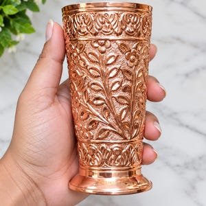 Handmade Pure Copper Water Glass, Traditional Indian Floral Engraving Tumbler