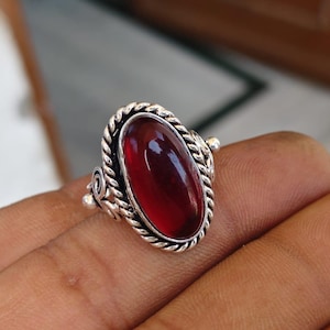 Handmade Red Garnet Ring, Sterling Silver Oval Cabochon, Twisted Rope Border, Boho Statement Jewelry
