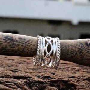 Sterling Silver Stackable Ring Set, 7-Band Boho Statement Jewelry, Handmade Layered Rings
