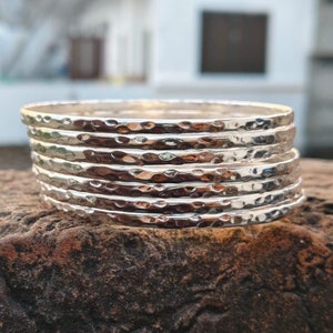 Engraved Sterling Silver Bangle Set, Hammered Shiny Stacking Boho Bracelets