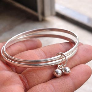 Silver Double Bangle Bracelet, Dangling Ball Charms, Minimalist Modern Jewelry