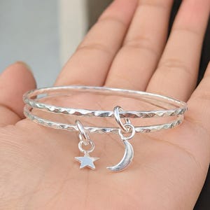 Hammered Silver Moon Star Bangle Set, Celestial Boho Bracelet, Stackable Jewelry