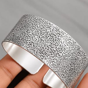 Wide Engraved Filigree Silver Cuff Bangle Bracelet, Boho Statement Bangle