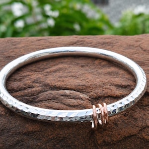 Sterling Silver Hammered Bangle, Copper Spinner Rings, Meditation Fidget Bracelet