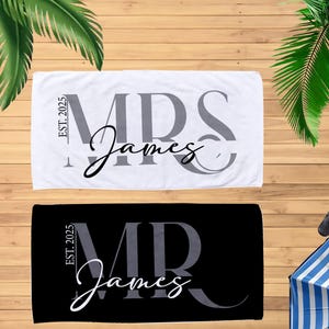 Custom Mr & Mrs Beach Towels, Personalized Wedding Gift for Couple, Est. Year Honeymoon Towels, Beach - Poolside Gift, Anniversary Surprises