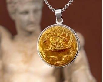 Dionysos Ship Pendant: 18k Gold Plated Sterling Silver Ancient Greek Coin Necklace