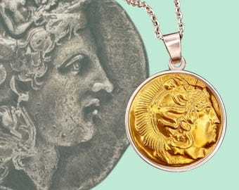18k Gold Plated Sterling Silver Athena Coin Necklace Wisdom Goddess Ancient Greek Coin Jewelry