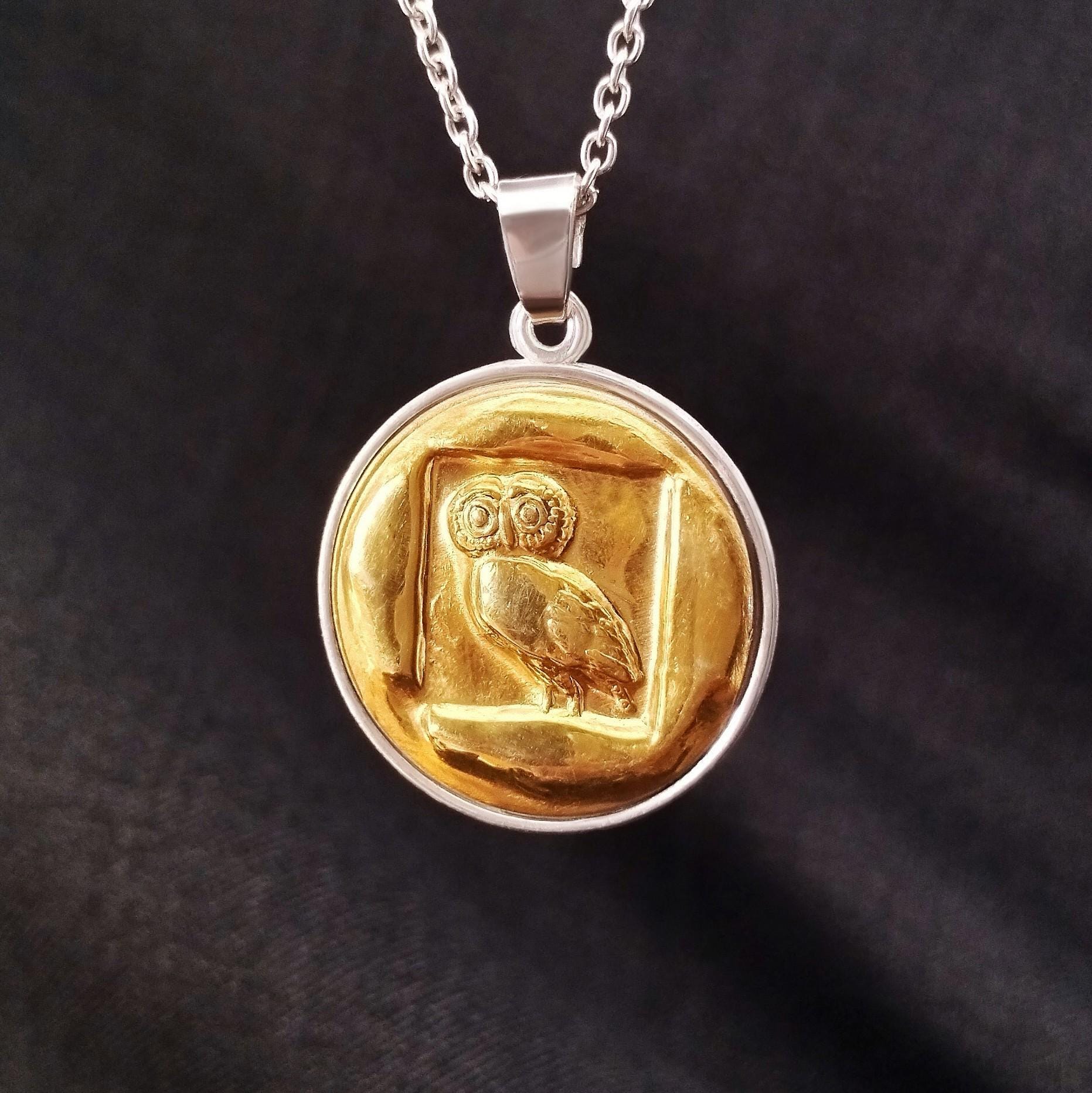 Athenian Owl Coin Pendant, 18k Gold Plated Sterling Silver Necklace