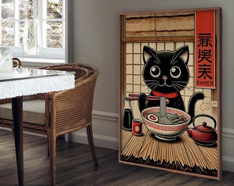 Póster de gato negro con fideos japoneses, arte mural para amantes del ramen, arte mural japonés, decoración de cocina con gatos peculiares, gato hambriento comiendo, póster de comida divertida
