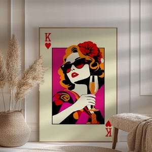 Queen of Hearts Playing Card, Trendy Ace of Hearts Poster, Retro Playing Card Wall Art, Bar Cart Decor, Preppy Digital Print