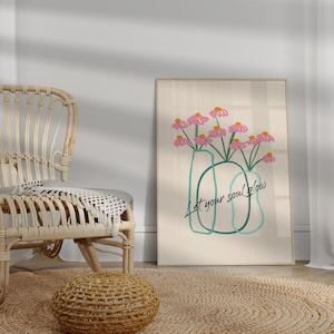 Póster de florero, deja que tu alma brille, decoración minimalista moderna para el hogar, ramo boho, arte de pared de galería, pinturas florales, impresión digital