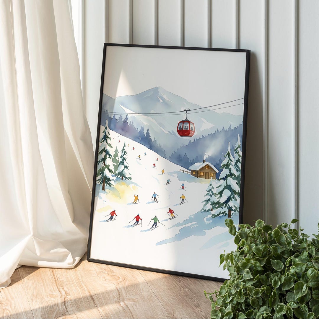 Winter Ski Resort Wall Art, Watercolor Skiing Scene With Cable Car ...