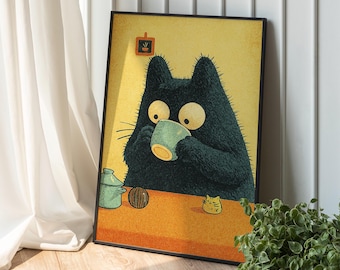 Poster chat japonais mignon, chaton noir, cadeau pour amoureux des chats, poster chat drôle, poster café chat, café relaxant, art mural chat noir vintage
