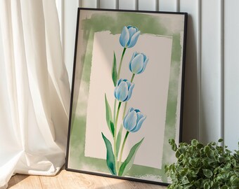 Blue & Green Tulip Floral Wall Art, Minimalist Flower Artwork, Modern Southern Botanical Art, Grandmillennial, Elegant Chinoiserie Decor