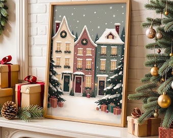 Whimsical Winter Village Wall Art, Cozy Christmas House Print, Snowy Cottage Landscape, Pastel Holiday Decor, Scandinavian Winter Poster