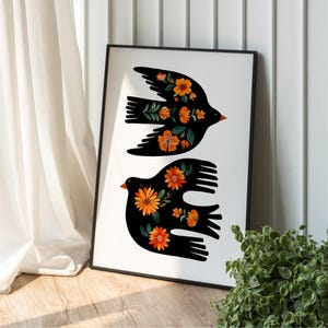 Arte mural de pájaros bohemio, póster floral vintage de pájaro, póster abstracto de pájaro, decoración moderna para habitación infantil, arte mural japonés antiguo, arte maximalista