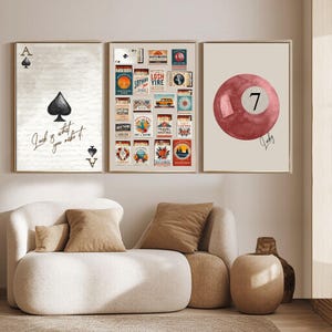 Juego de 3 pósteres, arte de pared con 8 bolas de billar, póster de la suerte, impresión de carta de as, póster de moda, bola de billar, imprimibles de cajas de cerillas, decoración de sala de juegos