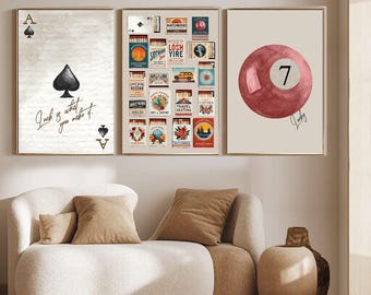 Set van 3 posters, kunst aan de muur 8 poolballen, geluksposter, print aaskaart, trendy poster, biljartbal, luciferdoosjes printables, decor gamekamer