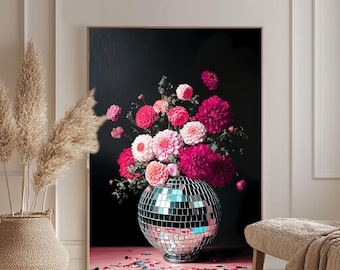Discobal wilde bloemen schilderij afdrukbare muurkunst, vintage bloemboeket retro donkere maximalistische bloemen spiegelbol, spiegelbol wanddecoratie