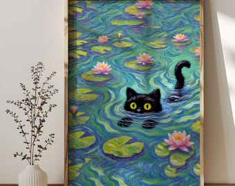 Monet waterlelie kat poster, aquarel kunstprint, woonkamer decor, minimalistische muurkunst, grappige Japanse zwarte kat illustratie, digitale print