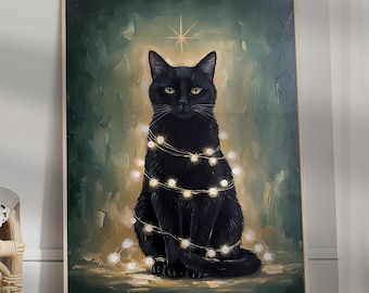 Arte mural navideño de gato negro con luces de hadas y estrella, acogedor cuadro navideño de gato, decoración invernal para el hogar, arte festivo de animales.
