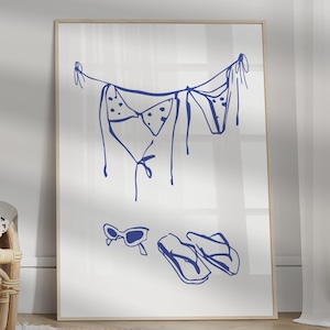 Navy Blue Bikini Wall Print, Hand Drawn Bikini Hanging Poster Bikini Beach Illustration, Trendy Wall Art, Ocean Poster, Coastal Summer Art