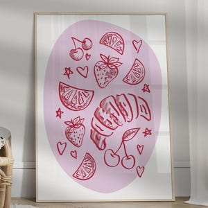 Modna różowa owocowa sztuka ścienna Croissant, plakat Preppy, wystrój mieszkania w college'u, wystrój pokoju Coquette, dziewczęca sztuka ścienna