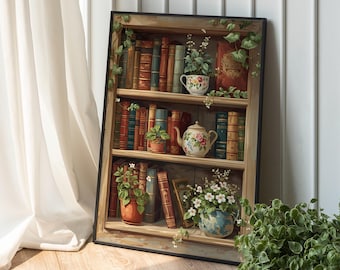 Può includere: Stampa incorniciata raffigurante una libreria in legno piena di libri d'epoca. I ripiani contengono anche piante in vaso, una tazza da tè floreale e una teiera. L'opera d'arte è incorniciata in legno scuro ed è ambientata su una parete bianca e un pavimento in legno.