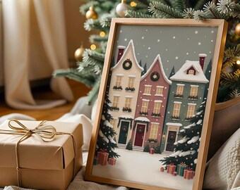 Whimsical Winter Village Wall Art, Cozy Christmas House Poster, Snowy Cottage Landscape, Pastel Holiday Decor, Scandinavian Winter Poster