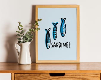 Retro Sardines Poster, Hand Drawn Sardines Art, Fish Poster, Kitchen Wall Art, Trendy Seafood Art, Tinned Sardines, Fisherman Aesthetic Deco