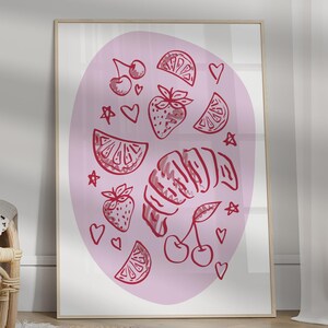 Trendy Pink Fruit Croissant Wall Art, Preppy Poster, College Apartment Decor,, Coquette Room Decor, Girly Wall Art