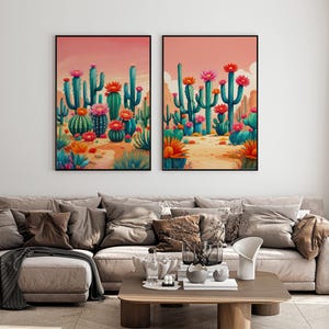 Lot de 2 oeuvres d'art murales cactus vintage, affiche cactus, art mural ouest du Mexique, affiche florale vintage, déco latino, impression d'art mexicaine colorée